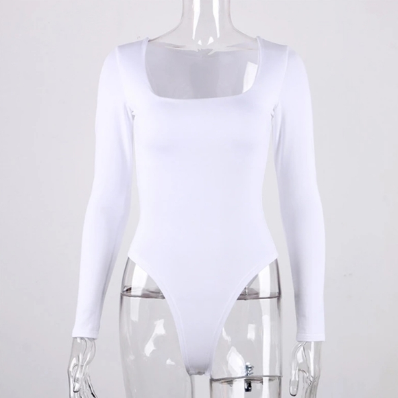 New White Long Sleeves Cozy Square Neck Bodysuit - Picture 3 of 7